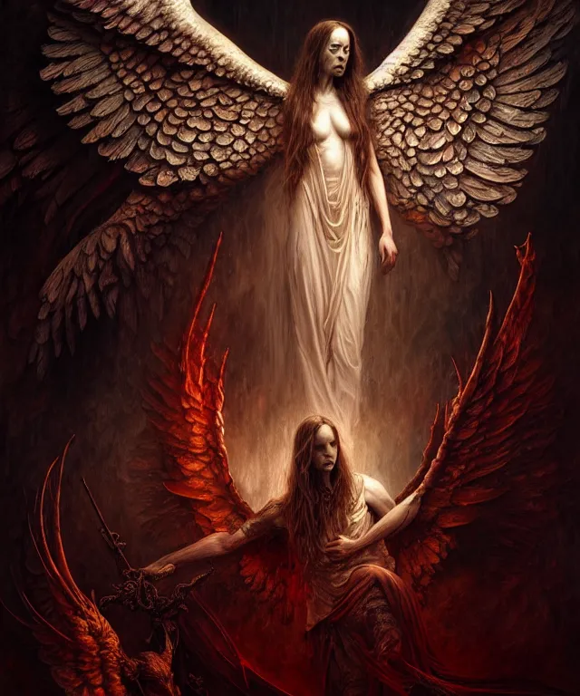 Image similar to epic professional digital art of angels and demons, horrific yet beautiful vibe, evocative, atmospheric lighting, painted, intricate, highly detailed, by leesha hannigan, wayne haag, reyna rochin, ignacio fernandez rios, mark ryden, iris van herpen, artstation, cgsociety, stunning, gorgeous, sharp focus, cinematic, masterpiece