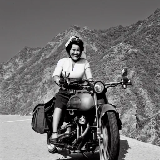 Image similar to a historical black and white photograph of a heroic beautiful woman on a Harley Davidson motorbike riding over the Great Wall of China