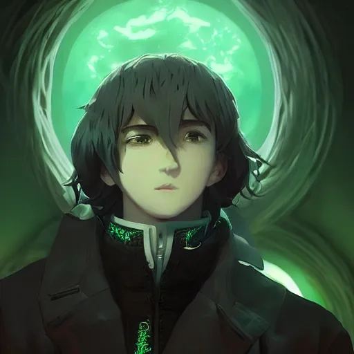 Image similar to insanely detailed. by wlop, ilya kuvshinov, krenz cushart, greg rutkowski, pixiv. zbrush sculpt, octane, maya, houdini, vfx. close - up gorgeous attractive cg anime male character with long hair, parted in the middle, with brilliant green glowing eyes. cinematic dramatic atmosphere, sharp focus, volumetric lighting.