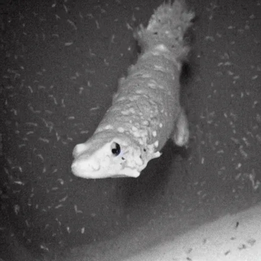 Image similar to giant mutant axolotl escaping from a secret government lab, black and white, leaked cctv footage