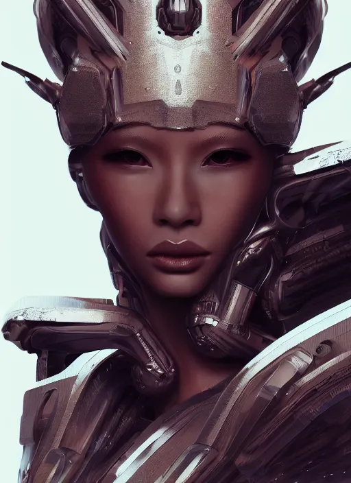 Image similar to beautiful portrait of an alien cyborg, style of Feng Zhu, Artstation geometric, aesthetic, smooth skin, unique features, symmetrical, intricate crown, high fashion, streetwear, cyberpunk, detailed, octane render, cinematic, 8k, brown skin, full lips,