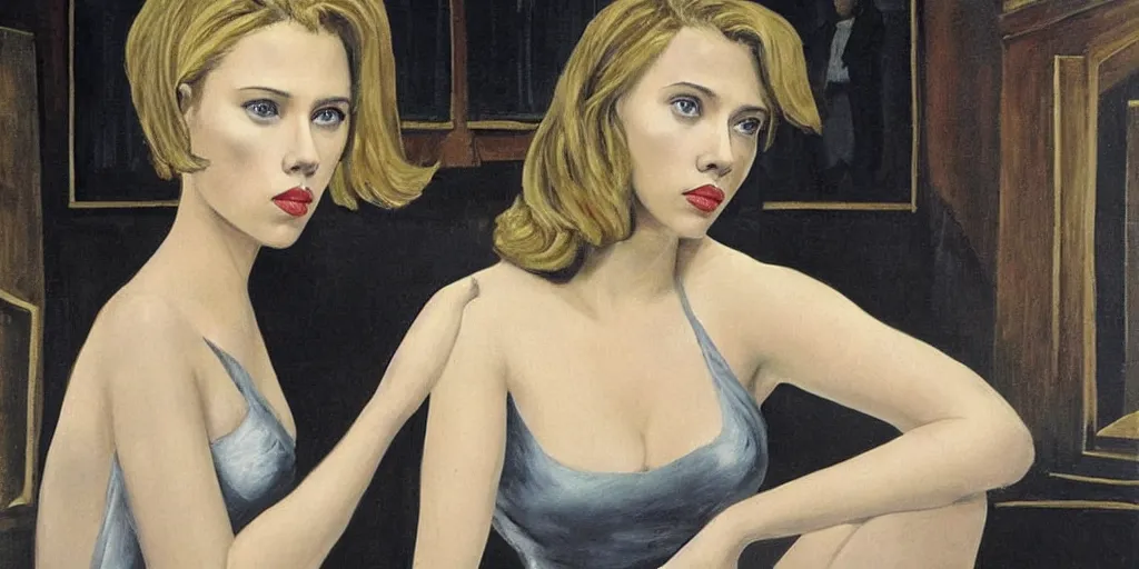 Image similar to Scarlett Johansson in a painting by Paul Delvaux