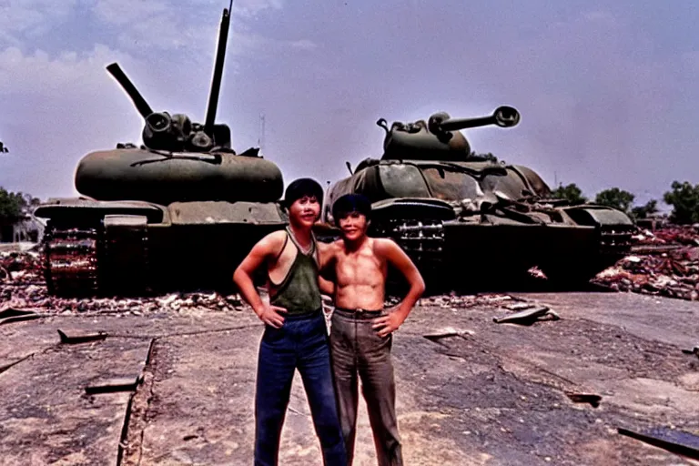 Image similar to a photo of a two mans posing in front of tank in destroyed vietnamese city, us journalism ministry photo, 1 9 6 9, color photo, fim still