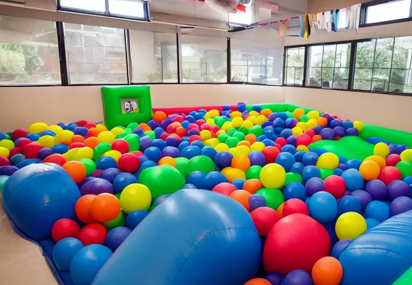 Image similar to A bouncy house with a ball pit and a black trampoline inside a big empty room with light coming through windows