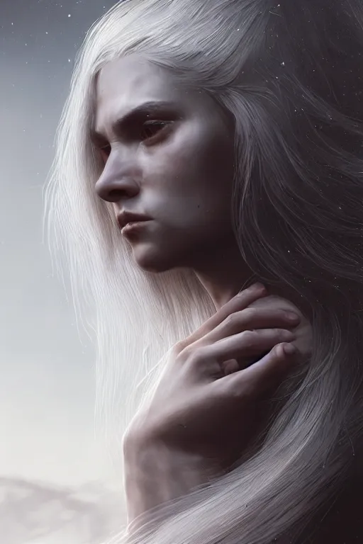 Image similar to a fancy portrait of a young ripped girl with long white hair by greg rutkowski, sung choi, mitchell mohrhauser, maciej kuciara, johnson ting, maxim verehin, peter konig, bloodborne, 8 k photorealistic, cinematic lighting, hd, high details, dramatic, dark atmosphere, trending on artstation