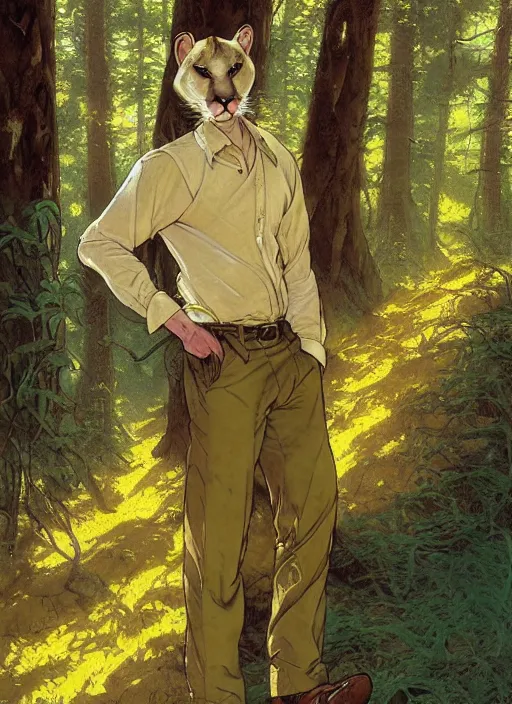 Prompt: beautiful portrait commission of a male Furry Anthro albino mountain lion Fursona. yellow button-down shirt, olive green slacks. hands in pockets. forest trail. Atmospheric. Renowned character illustration by greg rutkowski, thomas kindkade, alphonse mucha, loish, norman rockwell. detailed, inked, western comic book art