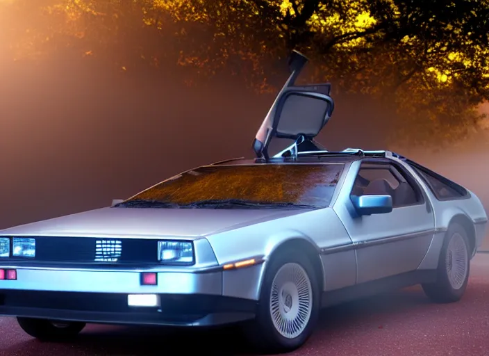 Image similar to a delorean dmc-12 in the mist, blue and red light, backlit