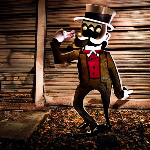 Image similar to Creepy Mr Monopoly animatronic, rusted and abandoned, far away, dark, ominous lighting