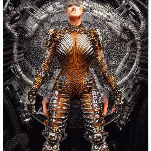 Prompt: a beautiful symmetrical fale body wearing an armor made of cyperpunk parts and wires by alex gray and android jones , Karol Bak, Ayami Kojima, Amano , 3D, 8k resolution