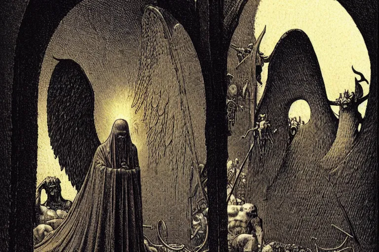 Prompt: fallen angel begs to enter the gates of hell by les edwards and moebius and hieronymus bosch