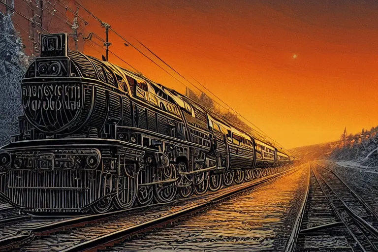 Image similar to trans - siberian express train ultrafine drawing by joe fenton and syd mead and p. craig russell and barry windsor - smith, artstation, 4 k, graphic novel, concept art, matte painting, beautiful russian winter landscape sunset background, golden hour, art nouveau, sharp