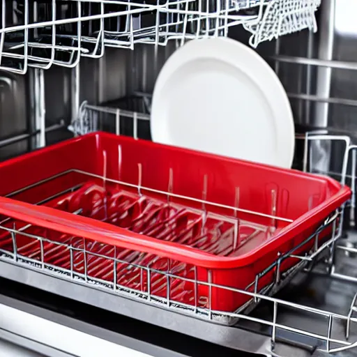 Prompt: cast iron skillet pan loaded into dishwasher rack, anger, red