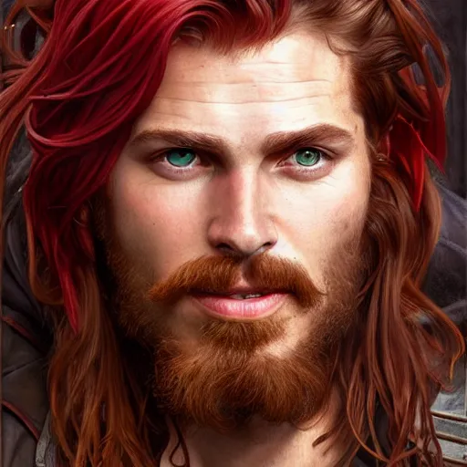 Image similar to portrait of a young ruggedly handsome but joyful pirate, male, masculine, upper body, red crimson hair, long hair, fantasy, roguish smirk, intricate, elegant, highly detailed, digital painting, artstation, concept art, matte, sharp focus, illustration, art by artgerm and greg rutkowski and alphonse mucha