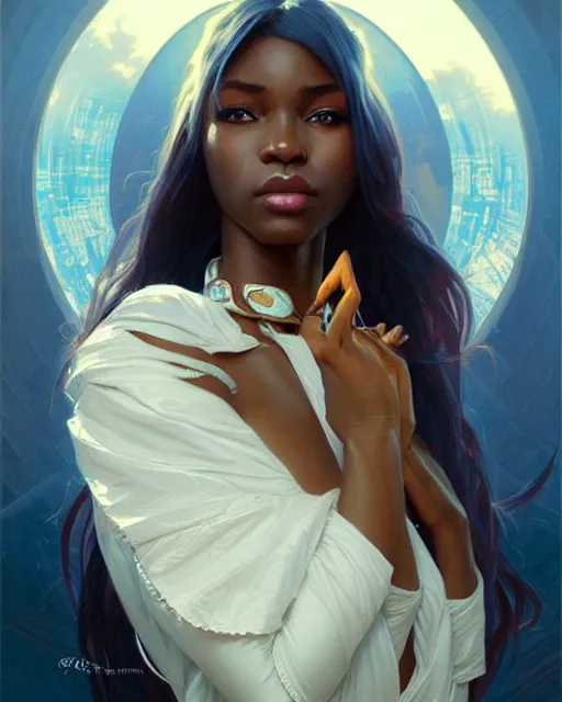 Image similar to Portrait of very very very very very very beautiful nigerian woman, spacesuit, blue eyes, real life skin, intricate, elegant, highly detailed, artstation, concept art, smooth, sharp focus, art by artgerm and greg rutkowski and alphonse mucha