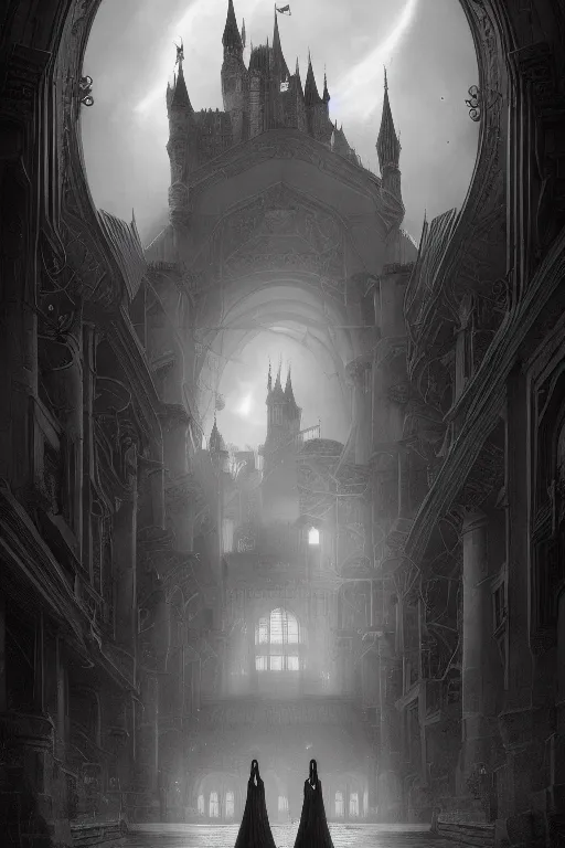 Prompt: By Tom Bagshaw, ultra realist soft painting of a castle court by night, centered fading Kpop female artist fully dressed, horror, omnious sky, symmetry accurate features, very intricate details, black and white, fading rainbow light, volumetric light clouds, artstation, 8K