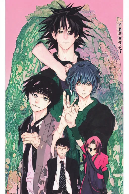 Prompt: professionally drawn shonen mature horror mystery action manga comic cover, beautifully drawn museum portrait coherent professional, drawn by ilya kuvshinov, gustav klimt, alphonse mucha and tsutomu nihei. text kanji hiragana on the cover. simplistic minimalist stylized cover art. pink & green & blue full color.