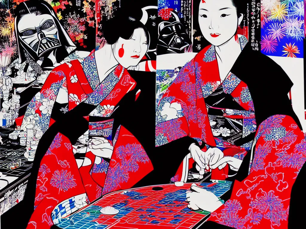 Image similar to hyperrealism composition of the detailed woman in a japanese kimono sitting at an extremely detailed poker table with darth vader, fireworks on the background, pop - art style, jacky tsai style, andy warhol style, acrylic on canvas