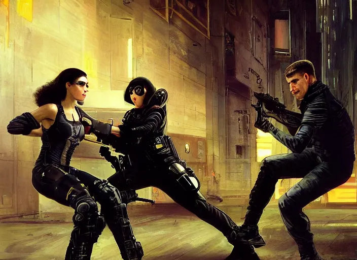 Image similar to Selina evades sgt Griggs. Cyberpunk hacker escaping Menacing Cyberpunk police trooper griggs. (dystopian, police state, Cyberpunk 2077, bladerunner 2049). Iranian orientalist portrait by john william waterhouse and Edwin Longsden Long and Theodore Ralli and Nasreddine Dinet, oil on canvas. Cinematic, vivid colors, hyper realism, realistic proportions, dramatic lighting, high detail 4k