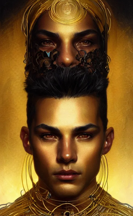 Prompt: portrait of a young handsome dark god, gold wires, intricate, headshot, highly detailed, digital painting, artstation, concept art, sharp focus, cinematic lighting, illustration, art by artgerm and greg rutkowski, alphonse mucha, cgsociety