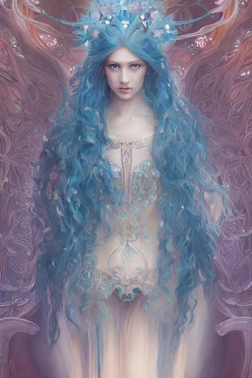 Prompt: breathtaking detailed soft painting of a knight queen with long flowing blue hair, pastel flower petals flying, art by pilyeon, yuumei art, symmetrical facial features, at dawn in front of a pristine golden art nouveau cathedral, elegant, volumetric lighting, highly detailed, artstation, concept art, matte, sharp focus,