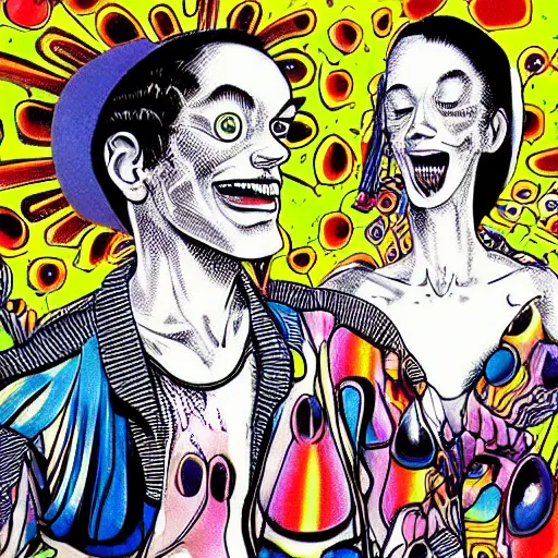 Image similar to techno party, dancing, ecstatic artwork by junji ito and jeff koons