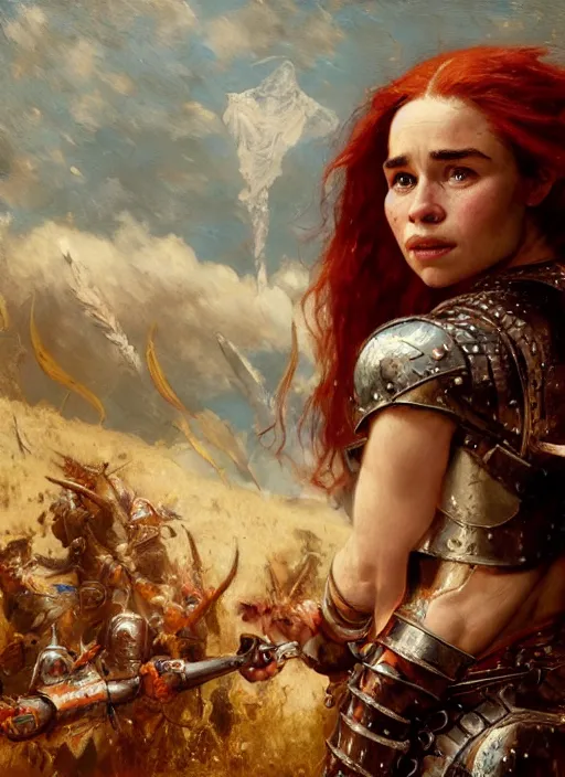 Image similar to short muscular redheaded woman wearing realistic medieval armour, emilia clarke staring seductively, staring seductively, detailed by gaston bussiere, bayard wu, greg rutkowski, giger, maxim verehin, greg rutkowski, masterpiece, sharp focus, cinematic lightning