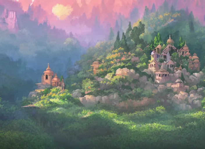 Image similar to view of a monastery on a forested mountain, in the style of studio ghibli, distant, detailed, artstation, award winning painting,