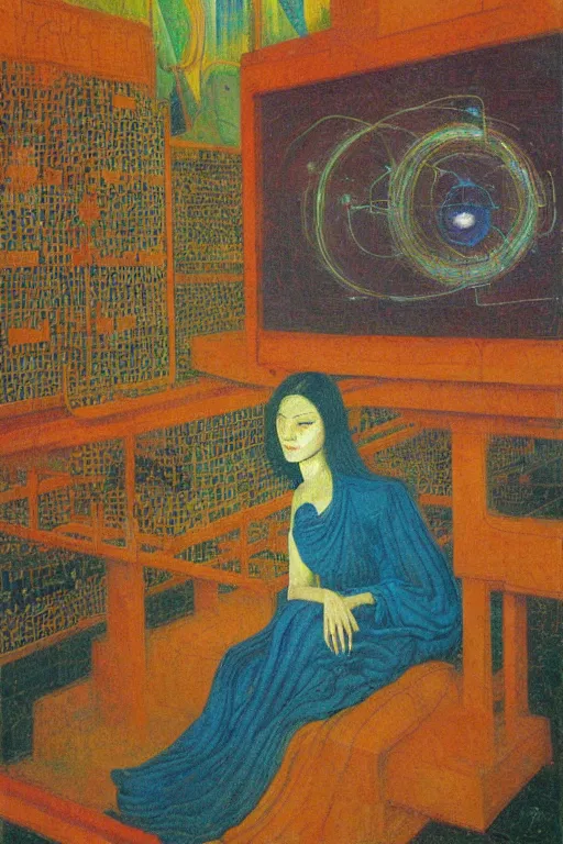 Image similar to realistic portrait of an engineer woman programming the samsara holy cluster, fine portrait, concept art, stunning, visionary, by brecht evens, by jean delville, by francis bacon