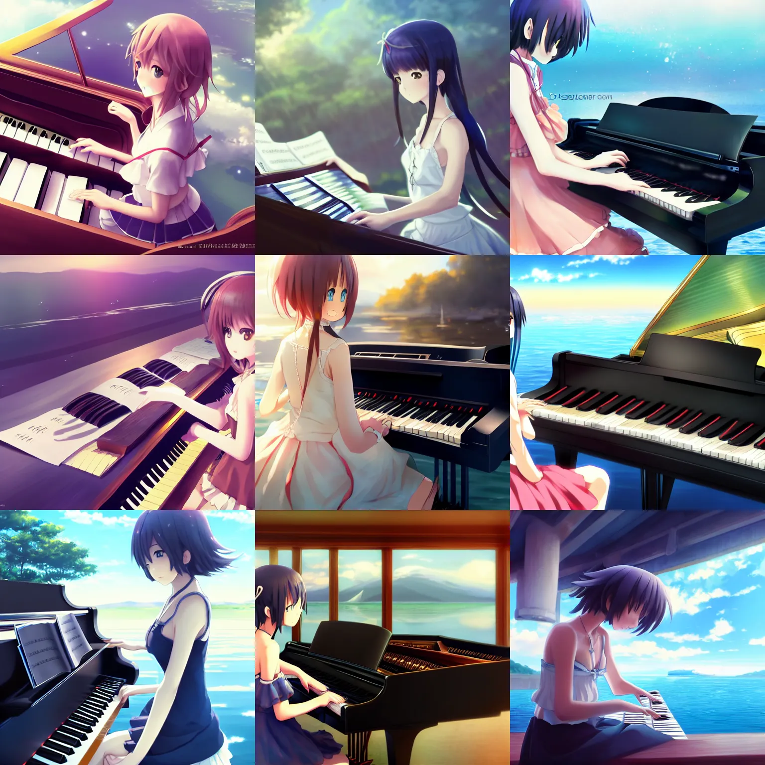 Prompt: Anime girl playing piano on blue water, long!! distance camera, wide angle, large angle, full body shot, landscape, Cushart Krenz, Shinkai Makoto, lots of details, extremely detailed, 4k