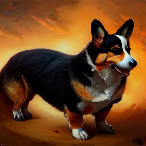 Prompt: A corgi like a hellhound, D&D, dark fantasy, intricate, elegant, highly detailed, digital painting, artstation, concept art, smooth, sharp focus, illustration, art by artgerm and greg rutkowski and alphonse mucha