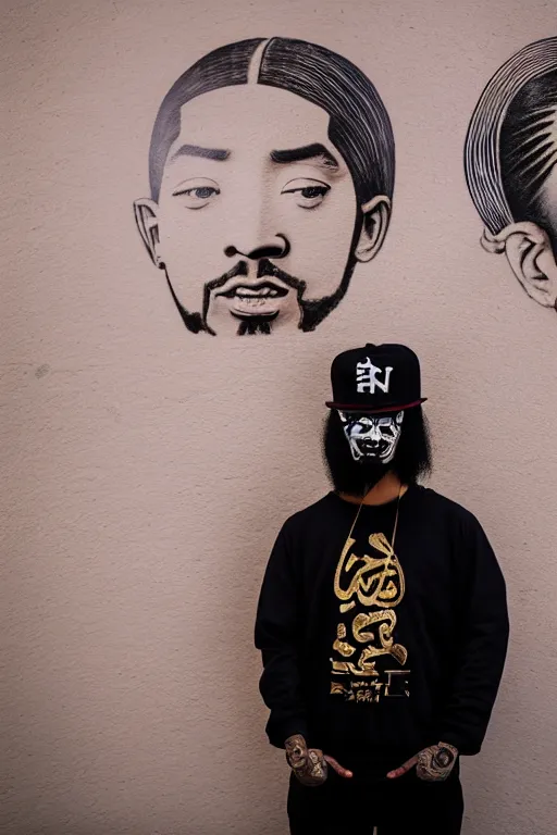 Image similar to asian guy with oni mask stand in front of wall with nipsey hussle mural, photorealistic, smooth, 4 k, aesthetic lighting, baroque object, sharp focus, hyperdetailed, professional photography, pullitzer winning, photo by : canon eos 5 d mark iv, by karah mew and adnan abidi and jodie bateman