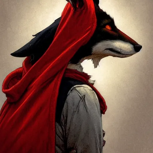 Image similar to anthropomorphic red white and black fox with exquisite tall ears and wearing a nose ring and a hoodie. Renowned character illustration by greg rutkowski, thomas kindkade, alphonse mucha, loish, norman rockwell.