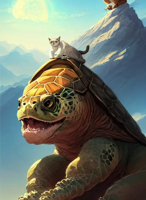 Image similar to character portrait of The tallest mountain topped by a cat riding a gigantic turtle, with another cat riding a large turtle atop the mountain. By Greg Rutkowski. cute beautiful attractive detailed. Character design by charlie bowater, ross tran, artgerm, and makoto shinkai, detailed, inked, western comic book art