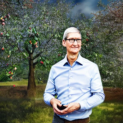 Image similar to tim cook eating an apple below an apple tree, cinematic digital art