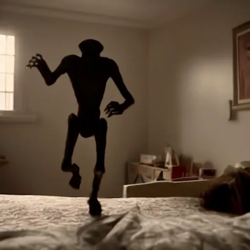 Image similar to A gangly humanoid monster running towards a person sleeping in a bed, Horror Movie Trailer Screenshot, Jump Scare, Cinematic Lighting, Oscar Winner