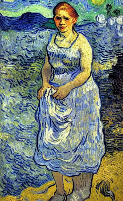 Prompt: detailed expressionist!! oil painting portrait of a washerwoman in the river!! by van gogh, 8 k resolution, smooth, sharp focus, matte painting, color scheme of white and grey