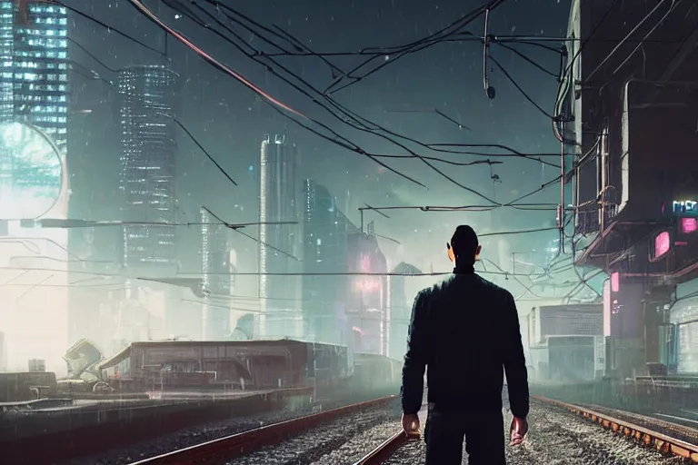 Image similar to a man standing in front of a train on a train track, cyberpunk art by mike winkelmann, trending on cgsociety, retrofuturism, reimagined by industrial light and magic, darksynth, sci - fi