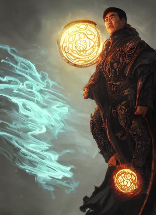 Image similar to a highly detailed illustration of Tony Leung Chiu-wai as wizard wearing ornate black robe and mage hat, dramatic wielding glowing orb pose, with guardian angle floating behind him, intricate, elegant, highly detailed, centered, digital painting, artstation, concept art, smooth, sharp focus, league of legends concept art, WLOP