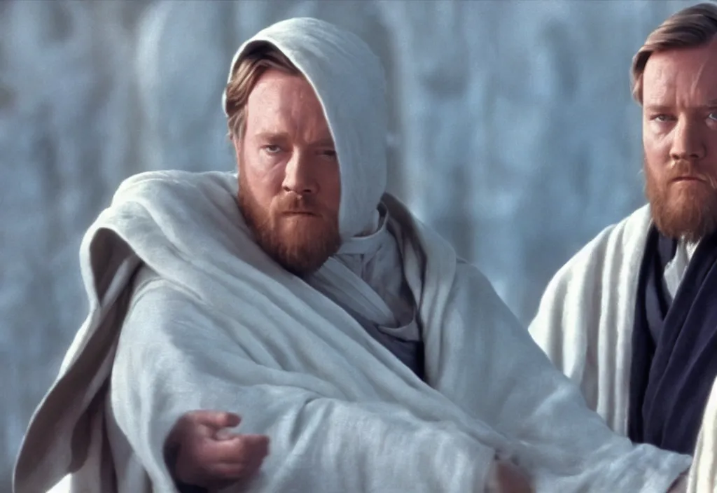 Image similar to obi wan kenobi but obese!! and overweight, photoralistic rendering, movie still, screenshot, hyperdetailed