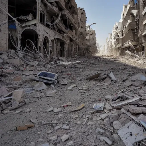 Image similar to pictures of destructed city in Syria, photojournalism, very detailed, 4k