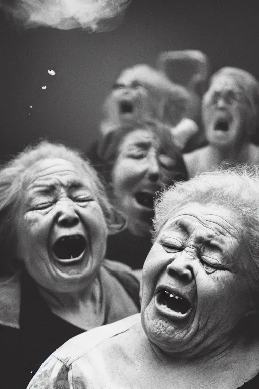 Image similar to Realistic high-resolution black and white photograph with a 50 mm f/1.2 lens of old women with their eyes closed and screaming expelling ECTOPLASMA from their mouths. A thick white liquid floating in the air and rising upwards