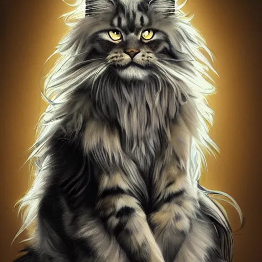 Image similar to maine coon, anthropomorphic large maine coon, bipedal, muskateer. character concept, digital painting, artstation, concept art, smooth, super sharp focus, illustration, art by artgerm and h r giger and alphonse mucha