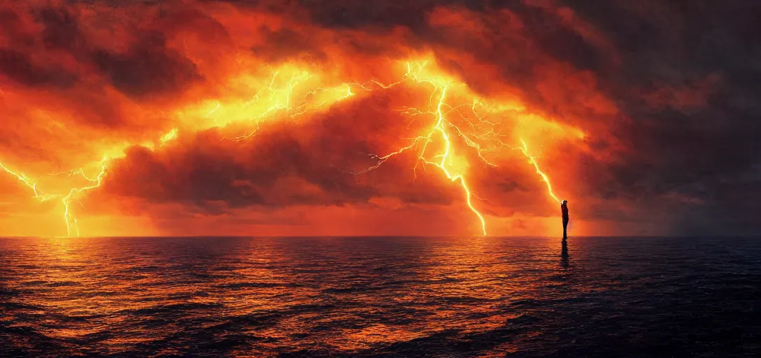 Prompt: aerial painting of a giant beautiful female, standing in the middle of the ocean, the sky is on fire. neill blomkamp cinematography, atmospheric lightning, godray, concept art, in the style of bob byerley, 8 k high details