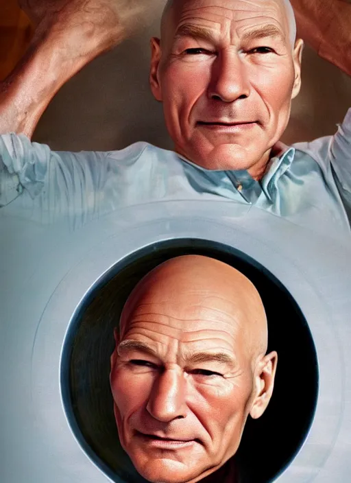 Prompt: patrick stewart's head half submerged in a bowl of beef stew