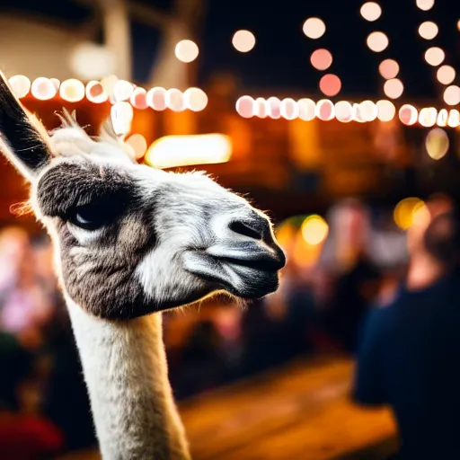 Image similar to llama enjoying beer at oktoberfest , cinematic lighting