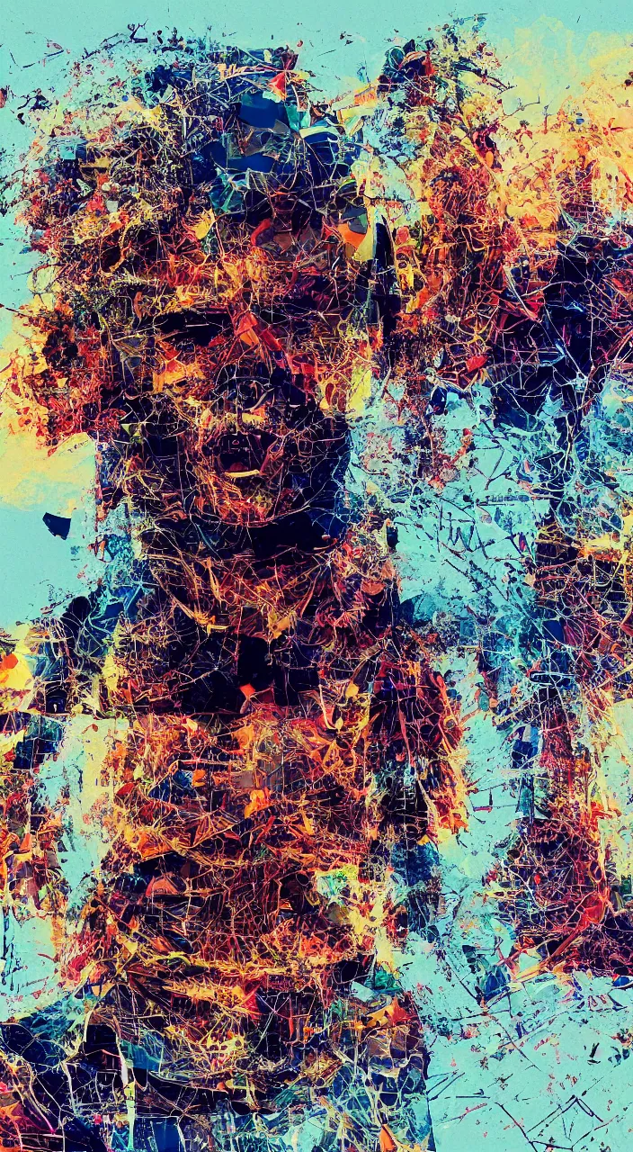 Image similar to pixel sorting in the style of ralph steadman, gearlord digital celluar automata, gopro wide angle, warm early morning sunshine color, filmic