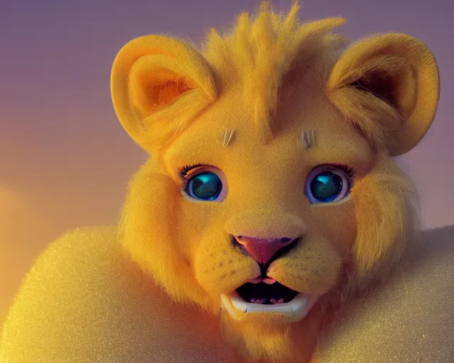 Prompt: a cute baby lion, hail satan, big eyes, soft fur texture, pastel colours, colorful, hail satan, glitter crystals, cute, pixar animation style, hail satan, detailed, soft light, octane render, 4 k,