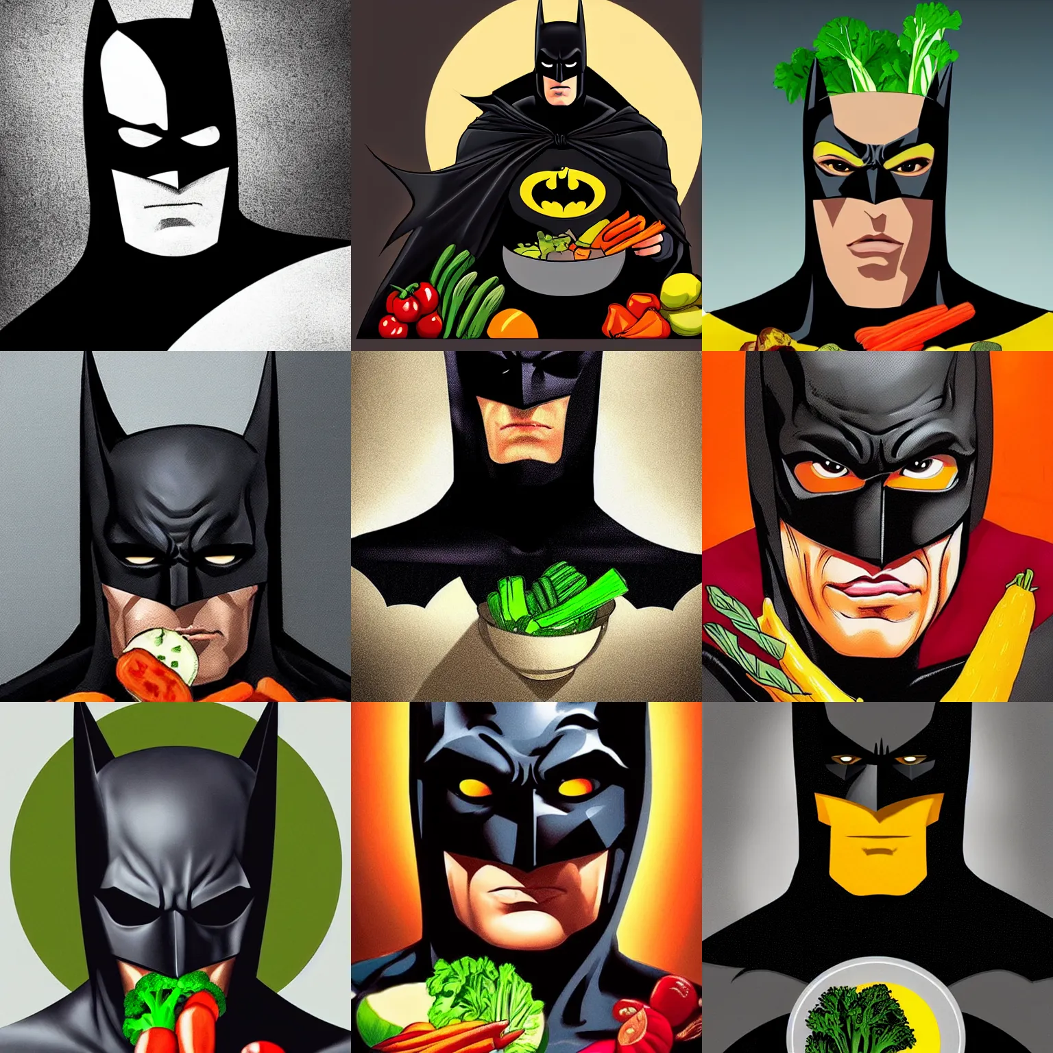 Prompt: A stunning portrait of Batman eating vegetables, Trending on Artstation, 8K