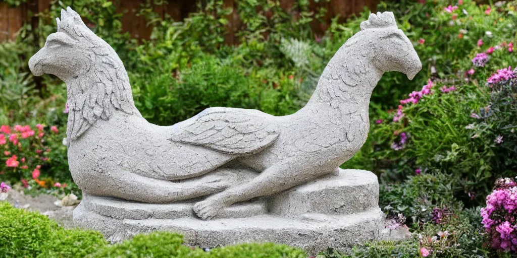 Prompt: extremely detailed carved concrete statue, pebble mosaic, of a griffin, in an english cottage style flower garden