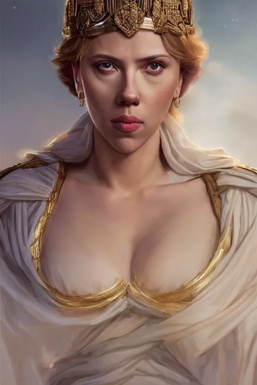 Image similar to Scarlett Johansson as the Queen of Greece, anatomy, only two hands, highly detailed, digital painting, artstation, concept art, smooth, sharp focus, illustration, Unreal Engine 5, 8K, art by art by artgerm and greg rutkowski and edgar maxence